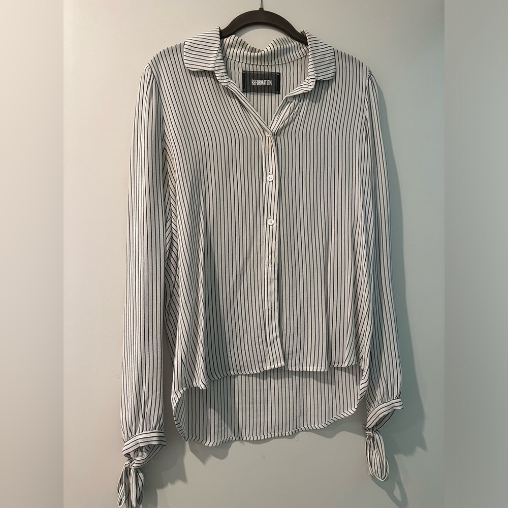 Reformation black and white blouse with tie sleeves